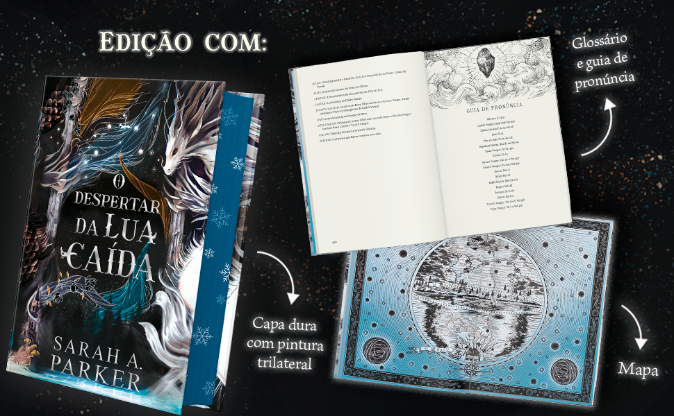 Edição com: capa dura com pintura lateral, glossário e guia de pronúncia e mapa