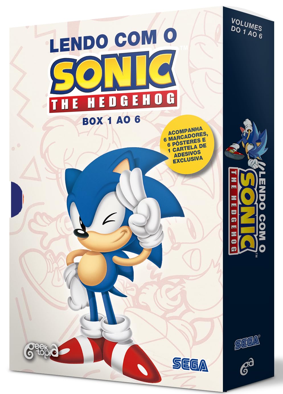 BOX: LENDO COM O SONIC – THE HEDGEHOG (vol. 1 ao 6): • Acompanha marcadores personalizados e adesivos