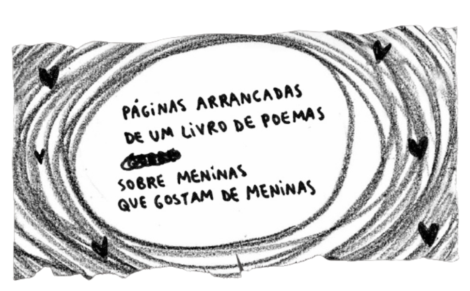 Papel rasgado e rabiscado com os dizeres: "páginas arrancadas de um livro de poemas sobre.."