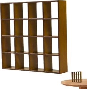 Estante infantil para casa de bonecas, estante de casa de bonecas, realista, de madeira, 1:12, miniatura, prateleira de exibição de 16 grades, suporte de parede, móveis de casa de bonecas, acessórios