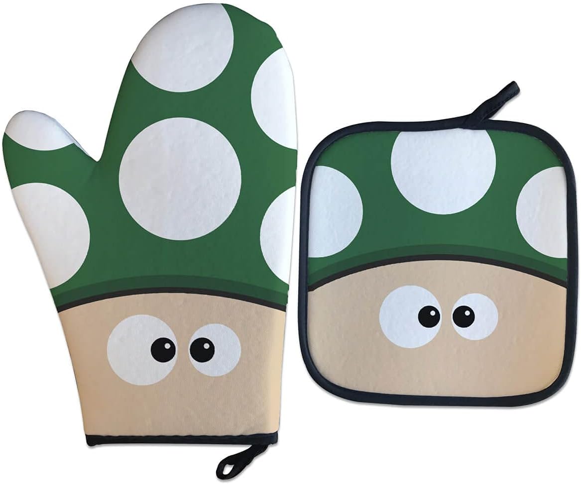 Kit Luva Térmica de Forno Cogumelo Games Cozinha Geek cor:Verde