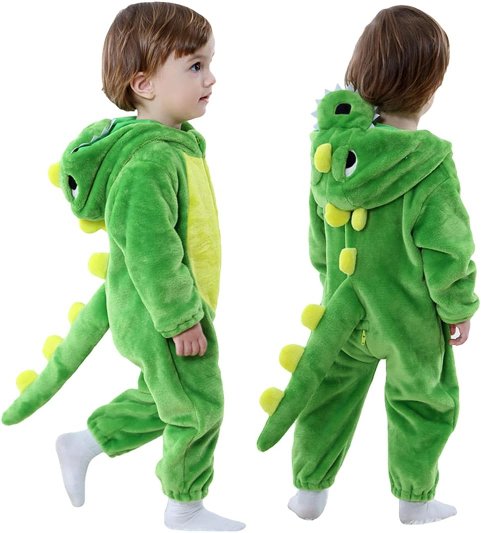 Macacão infantil com capuz de flanela fantasia de dinossauro macacão de animal macio para presente, Verde, 12-17month