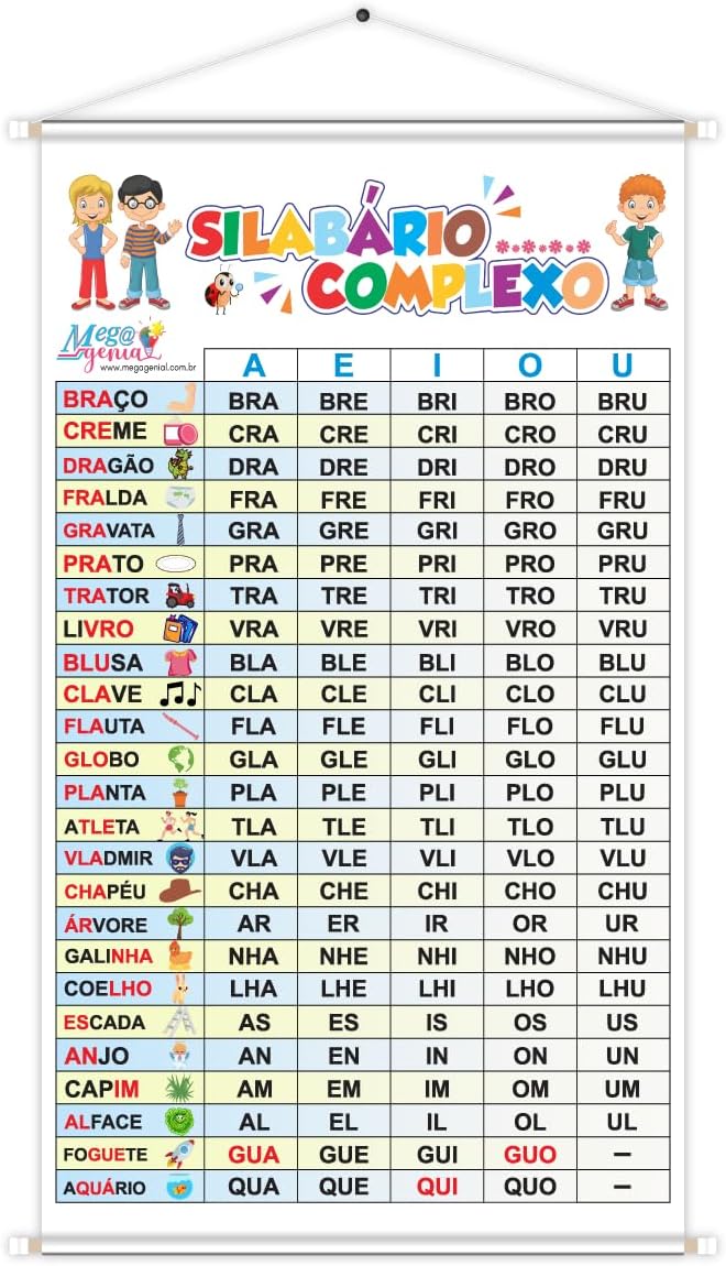 Banner Alfabetização Silabário Complexas Educativo Pedagógico Escolar Didático 60cm x100cm Impressão Digital Lona 280g