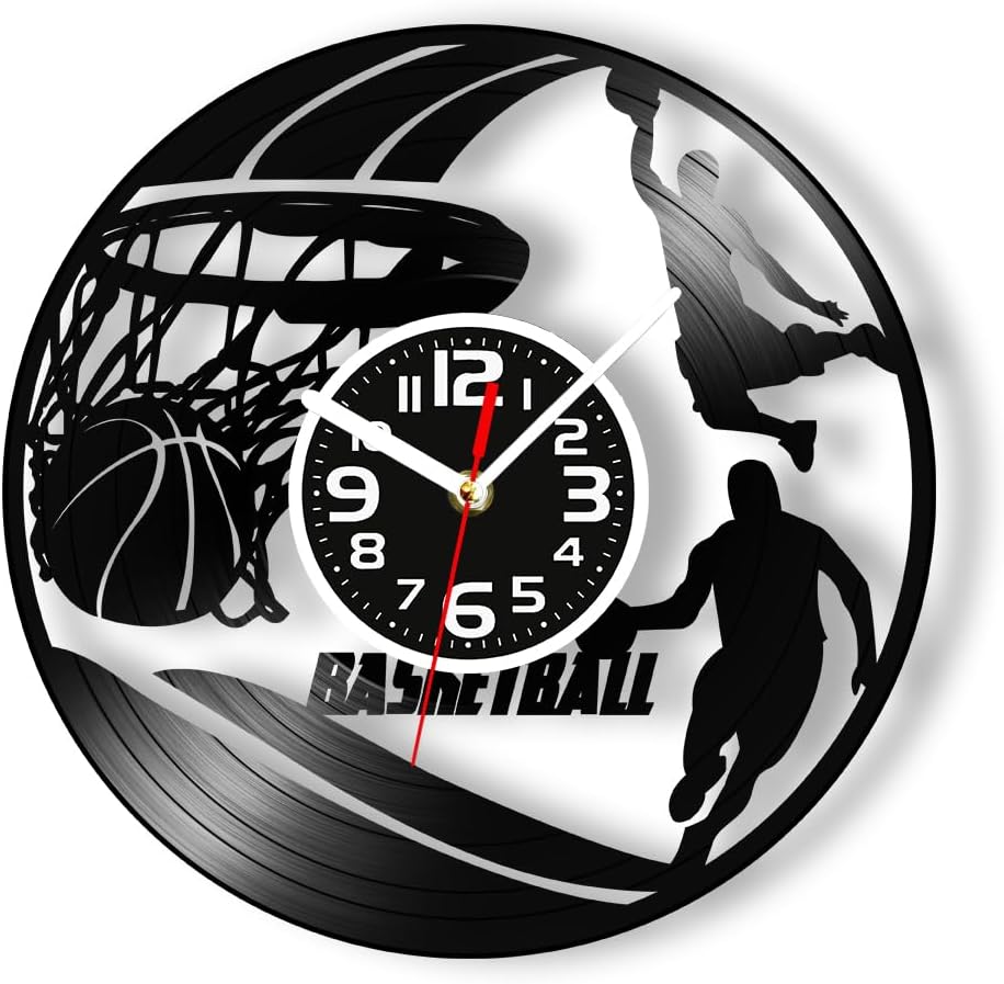 Geek Alerts Relógio de parede com disco de vinil Slam Dunk, jogador de basquete, silhueta silenciosa, sem tique-taque, retrô, álbum artístico, relógio de parede para decoração de casa esportiva
