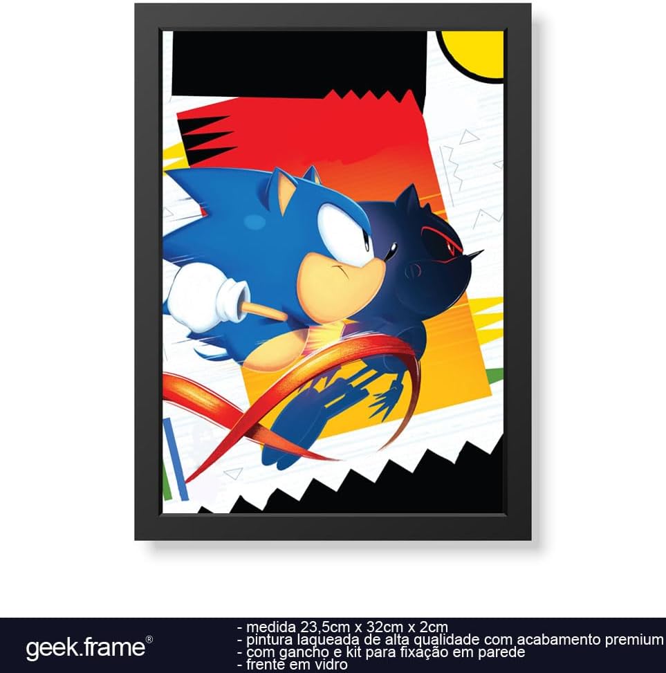 Quadro Decorativo Sonic Vs. Metal Sonic geek.frame em vidro premium geek.frame decoração sala quarto anime presente decorativo parede otaku gamer qualidade