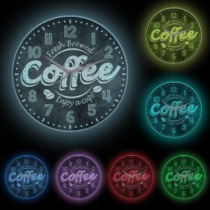 Geek Alerts Relógio de parede de quartzo silencioso de café fresco com luz LED USB que muda de cor, desfrute de uma xícara de café, moldura acrílica, relógio, café, bar, loja, placa de exibição de