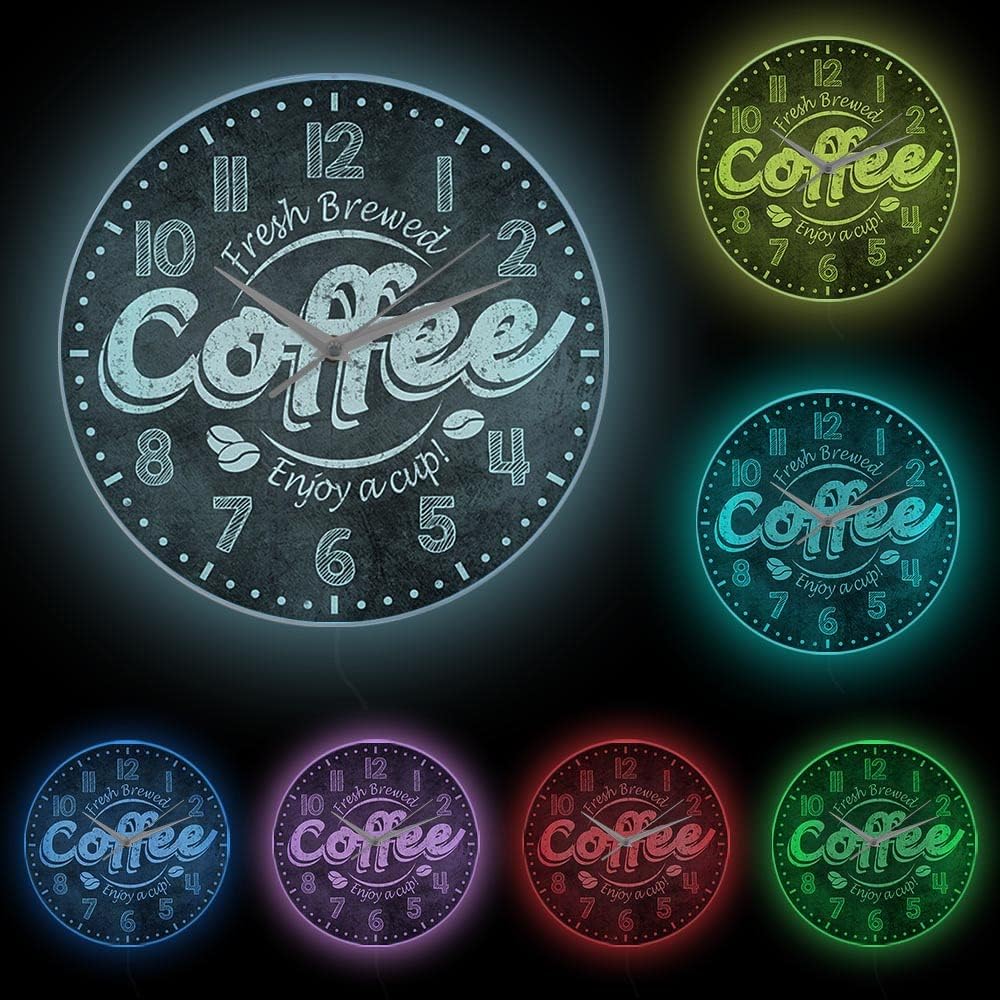 Geek Alerts Relógio de parede de quartzo silencioso de café fresco com luz LED USB que muda de cor, desfrute de uma xícara de café, moldura acrílica, relógio, café, bar, loja, placa de exibição de