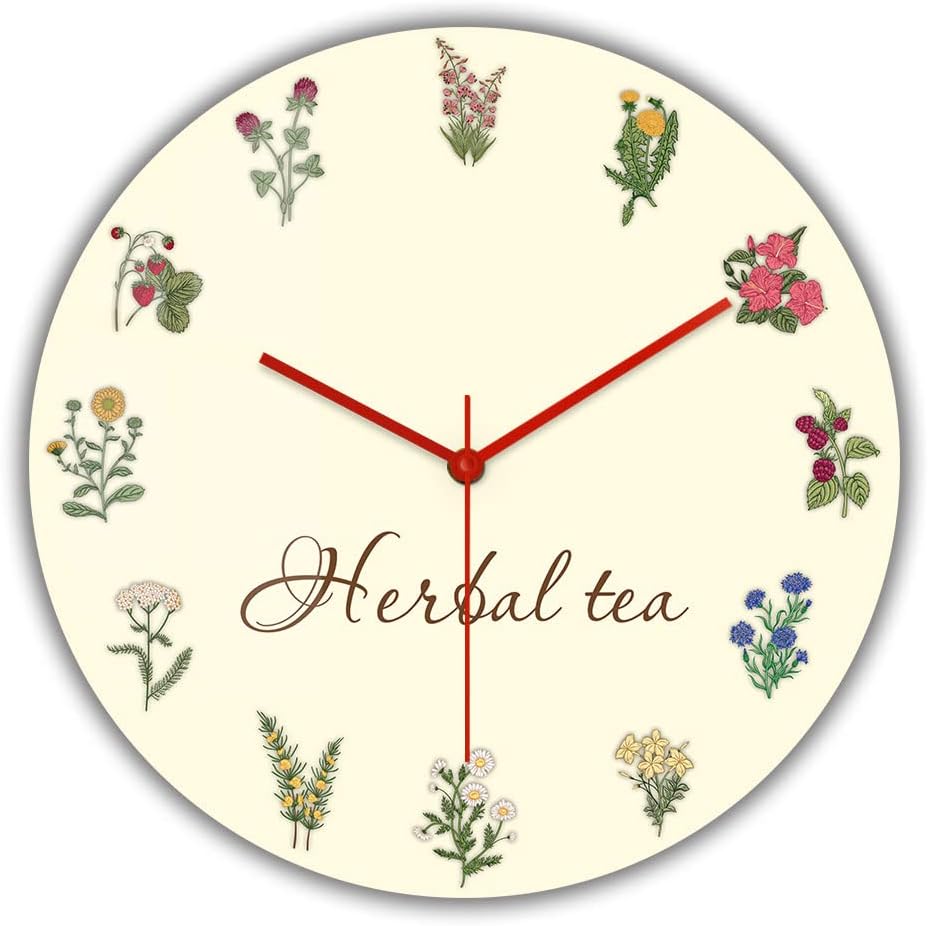 Geek Alerts Relógio de parede com flores silvestres e folhas de chá de ervas silencioso, sem tique-taque, 30,5 cm, impressão acrílica, para quarto, ervas verdes, botânico, decoração de casa, presente