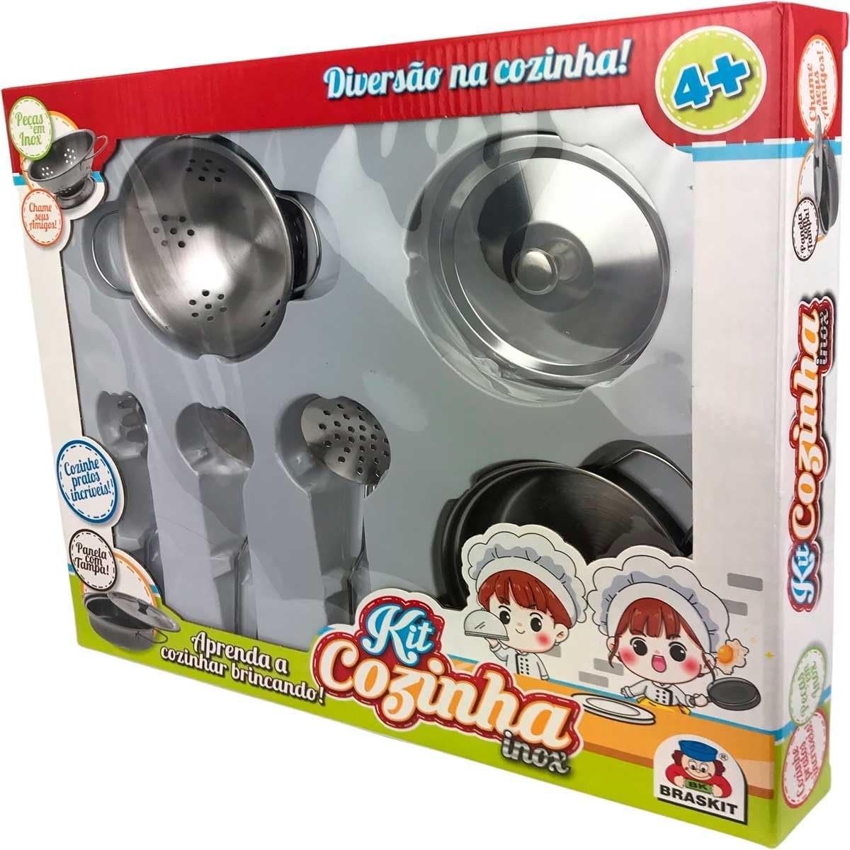 Brinquedo Kit Cozinha 6 Peças Em Inox Escorredor de Macarrão e Utensílios Braskit